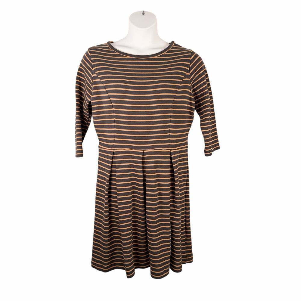 Boden Dress 16 Tan Charcoal Striped Textured Pleated Fit & Flare Mod Work